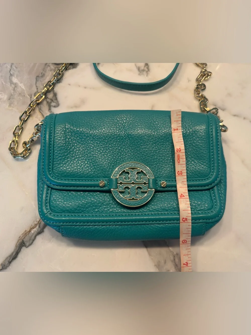 Tory Burch Turquoise Pebbled Leather Chain Strap Crossbody